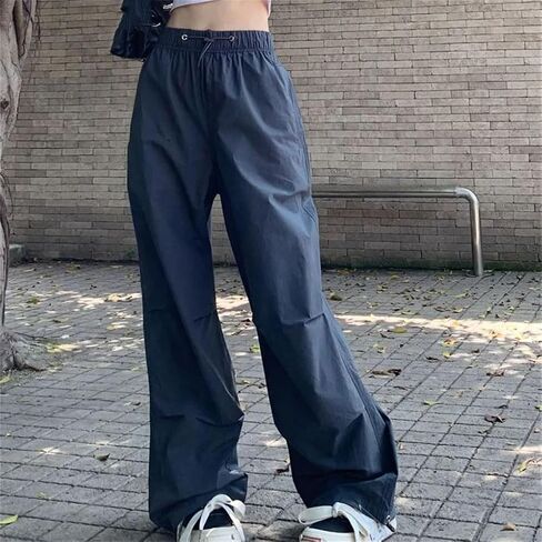 Women Cargo Pants Elastic High Waist Drawstring Solid Thin Straight Sports Trousers in Saudi Arabia