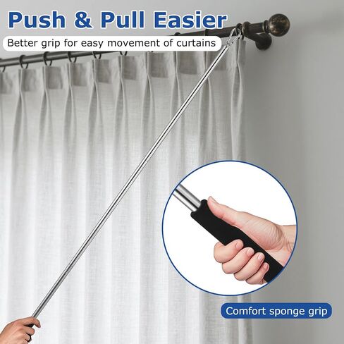 Curtain Pull Wand, 2 Pack Drapery Pull Rod for Curtains Adjustable 31“ to 46" Made of Steel Material Extra Long Sponge Handle Silver (Silver) in Kuwait