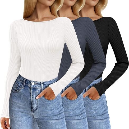 Ekouaer 3 Pack Womens Long Sleeve Shirts Boat Neck Ribbed Thermal Undershirts Lightweight Basic Top XS-XXL in Saudi Arabia