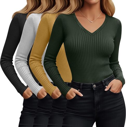 4 Pack Women's Long Sleeve Shirts V Neck Ribbed Fitted Tops Fleece Lined Thermal Base Layer Undershirts Basic Tee in Saudi Arabia