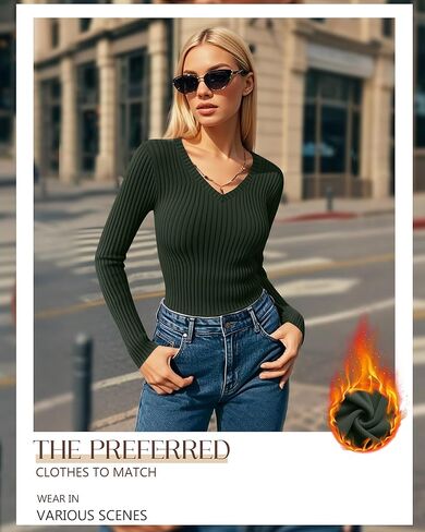 4 Pack Women's Long Sleeve Shirts V Neck Ribbed Fitted Tops Fleece Lined Thermal Base Layer Undershirts Basic Tee in Saudi Arabia