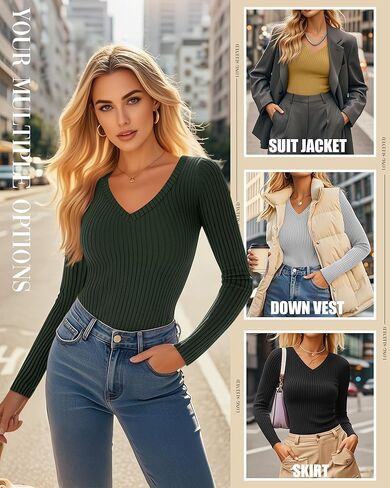 4 Pack Women's Long Sleeve Shirts V Neck Ribbed Fitted Tops Fleece Lined Thermal Base Layer Undershirts Basic Tee in Saudi Arabia