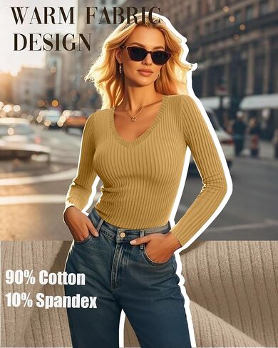 4 Pack Women's Long Sleeve Shirts V Neck Ribbed Fitted Tops Fleece Lined Thermal Base Layer Undershirts Basic Tee in Saudi Arabia