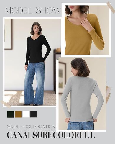 4 Pack Women's Long Sleeve Shirts V Neck Ribbed Fitted Tops Fleece Lined Thermal Base Layer Undershirts Basic Tee in Saudi Arabia