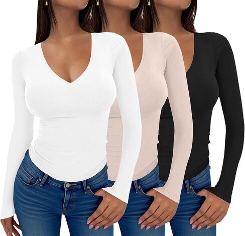 ekouaer deep v deck decrts for women low cut long sleeve tops slim fit fit basic scivage tees deep stshirts tshirts xs-xxl in Saudi Arabia