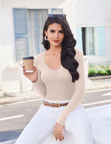 ekouaer deep v deck decrts for women low cut long sleeve tops slim fit fit basic scivage tees deep stshirts tshirts xs-xxl in Saudi Arabia