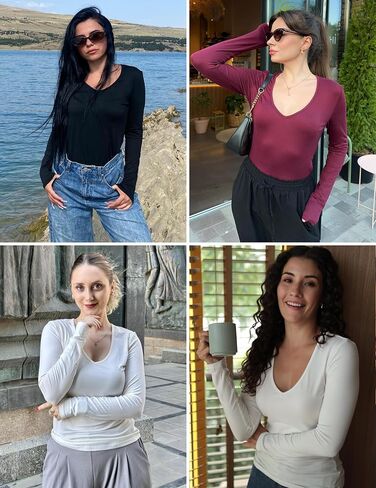 ekouaer deep v deck decrts for women low cut long sleeve tops slim fit fit basic scivage tees deep stshirts tshirts xs-xxl in Saudi Arabia