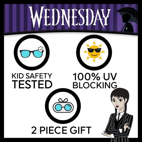 Sun-Staches Kids Wednesdays Addams نظارات شمسية أنيقة ومريحة ودائمة للأشعة فوق البنفسجية مع حالة حمل ناعمة-هدايا Addams المرخصة رسميًا in Saudi Arabia