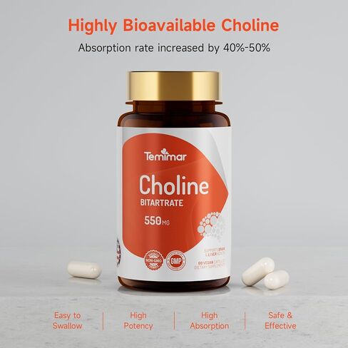 الكولين Bitarrate 550mg ، يدعم صحة الكبد والدماغ ، ومكملات كولين عالية الامتصاص ، غير المعدلة وراثيا ، خالية من الغلوتين ، مصنوعة في الولايات المتحدة ، 60 كبسولات نباتية in Saudi Arabia