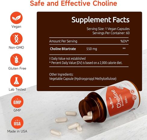 الكولين Bitarrate 550mg ، يدعم صحة الكبد والدماغ ، ومكملات كولين عالية الامتصاص ، غير المعدلة وراثيا ، خالية من الغلوتين ، مصنوعة في الولايات المتحدة ، 60 كبسولات نباتية in Saudi Arabia