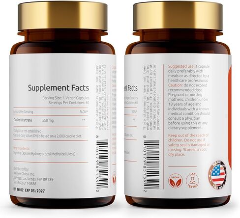 الكولين Bitarrate 550mg ، يدعم صحة الكبد والدماغ ، ومكملات كولين عالية الامتصاص ، غير المعدلة وراثيا ، خالية من الغلوتين ، مصنوعة في الولايات المتحدة ، 60 كبسولات نباتية in Saudi Arabia