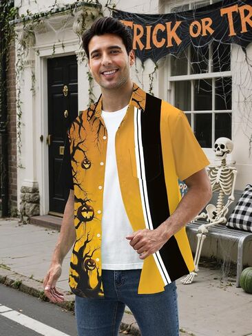 Halloween Button up Shirts for Men Short Sleeve Halloween Shirt Cute Vintage Scary Atmosphere Hawaiian Shirt in Saudi Arabia