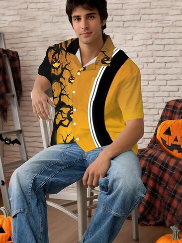 Halloween Button up Shirts for Men Short Sleeve Halloween Shirt Cute Vintage Scary Atmosphere Hawaiian Shirt in Saudi Arabia