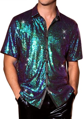 Lars Amadeus Sequin Shirts for Men's Glitter 70s Disco Shirt Button Down Short Sleeve Metallic Tops in Saudi Arabia