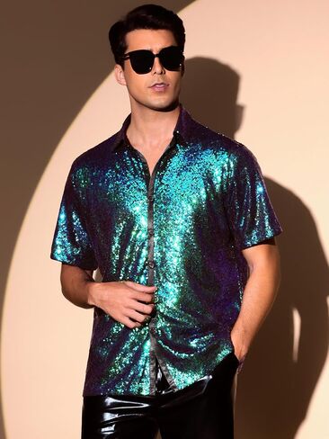 Lars Amadeus Sequin Shirts for Men's Glitter 70s Disco Shirt Button Down Short Sleeve Metallic Tops in Saudi Arabia