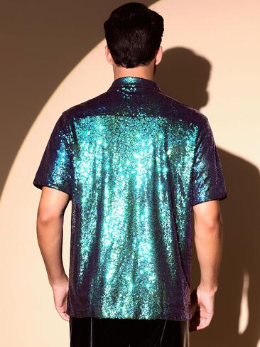 Lars Amadeus Sequin Shirts for Men's Glitter 70s Disco Shirt Button Down Short Sleeve Metallic Tops in Saudi Arabia