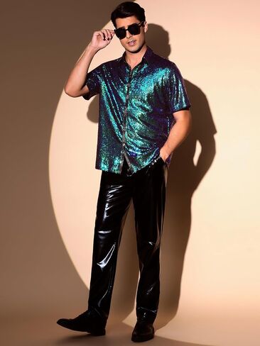 Lars Amadeus Sequin Shirts for Men's Glitter 70s Disco Shirt Button Down Short Sleeve Metallic Tops in Saudi Arabia