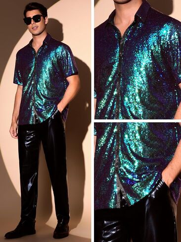 Lars Amadeus Sequin Shirts for Men's Glitter 70s Disco Shirt Button Down Short Sleeve Metallic Tops in Saudi Arabia