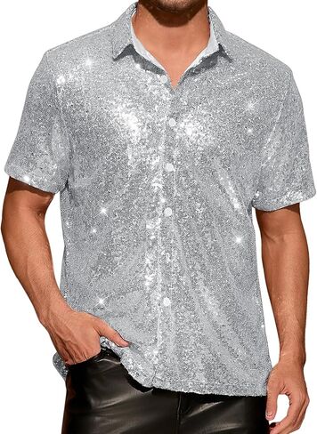 Lars Amadeus Sequin Shirts for Men's Glitter 70s Disco Shirt Button Down Short Sleeve Metallic Tops in Saudi Arabia