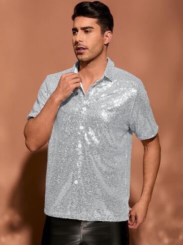 Lars Amadeus Sequin Shirts for Men's Glitter 70s Disco Shirt Button Down Short Sleeve Metallic Tops in Saudi Arabia