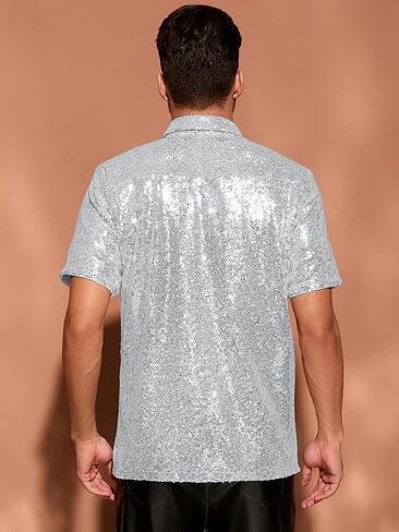 Lars Amadeus Sequin Shirts for Men's Glitter 70s Disco Shirt Button Down Short Sleeve Metallic Tops in Saudi Arabia