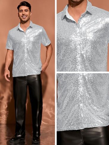 Lars Amadeus Sequin Shirts for Men's Glitter 70s Disco Shirt Button Down Short Sleeve Metallic Tops in Saudi Arabia