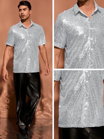 Lars Amadeus Sequin Shirts for Men's Glitter 70s Disco Shirt Button Down Short Sleeve Metallic Tops in Saudi Arabia