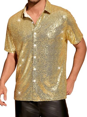 Lars Amadeus Sequin Shirts for Men's Glitter 70s Disco Shirt Button Down Short Sleeve Metallic Tops in Saudi Arabia
