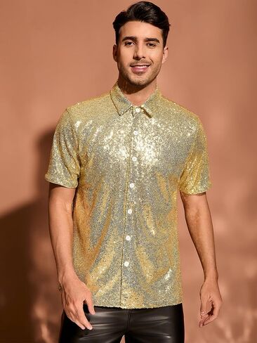 Lars Amadeus Sequin Shirts for Men's Glitter 70s Disco Shirt Button Down Short Sleeve Metallic Tops in Saudi Arabia
