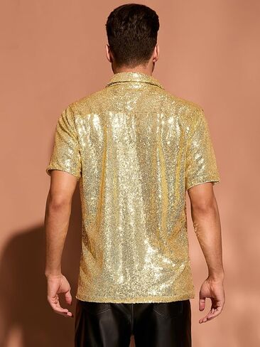 Lars Amadeus Sequin Shirts for Men's Glitter 70s Disco Shirt Button Down Short Sleeve Metallic Tops in Saudi Arabia