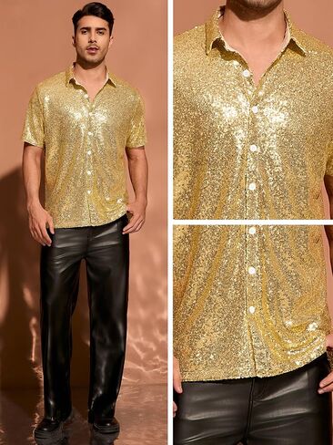 Lars Amadeus Sequin Shirts for Men's Glitter 70s Disco Shirt Button Down Short Sleeve Metallic Tops in Saudi Arabia