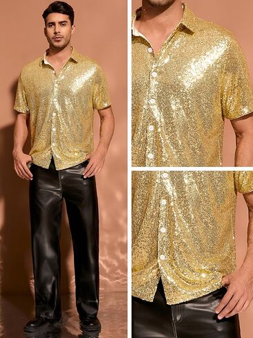 Lars Amadeus Sequin Shirts for Men's Glitter 70s Disco Shirt Button Down Short Sleeve Metallic Tops in Saudi Arabia