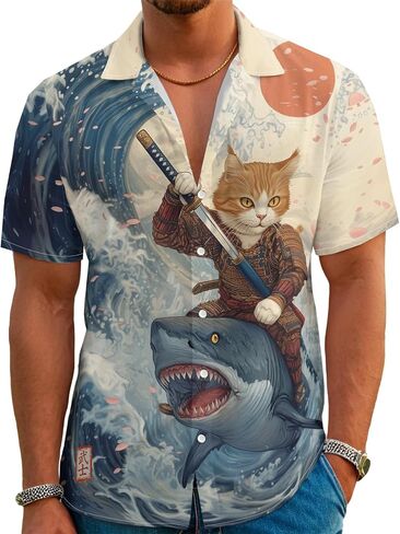 Funny Cartoon Print Hawaiian Shirt for Men Beach Vacation Casual Short Sleeve Button Down Aloha Shirt in Saudi Arabia