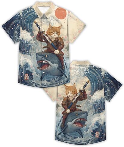 Funny Cartoon Print Hawaiian Shirt for Men Beach Vacation Casual Short Sleeve Button Down Aloha Shirt in Saudi Arabia