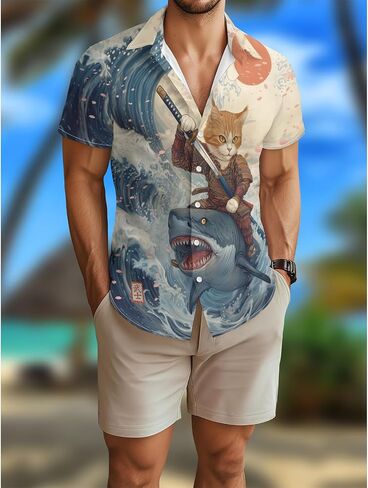 Funny Cartoon Print Hawaiian Shirt for Men Beach Vacation Casual Short Sleeve Button Down Aloha Shirt in Saudi Arabia
