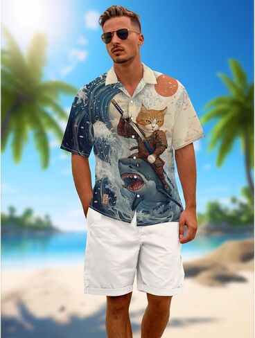 Funny Cartoon Print Hawaiian Shirt for Men Beach Vacation Casual Short Sleeve Button Down Aloha Shirt in Saudi Arabia
