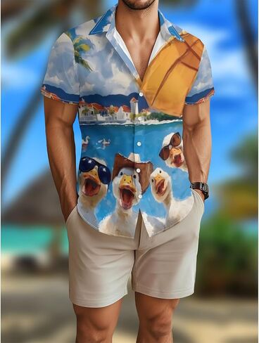 Funny Cartoon Print Hawaiian Shirt for Men Beach Vacation Casual Short Sleeve Button Down Aloha Shirt in Saudi Arabia