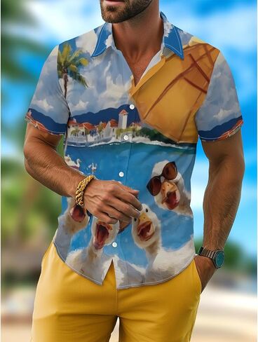 Funny Cartoon Print Hawaiian Shirt for Men Beach Vacation Casual Short Sleeve Button Down Aloha Shirt in Saudi Arabia