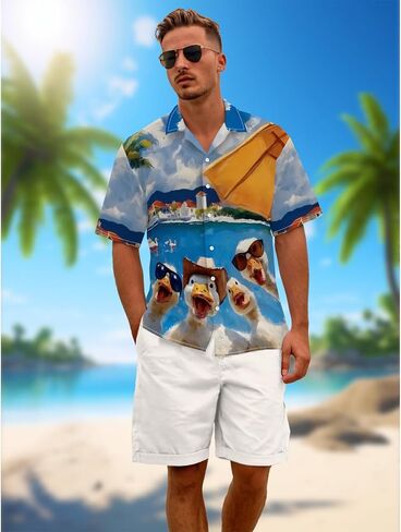 Funny Cartoon Print Hawaiian Shirt for Men Beach Vacation Casual Short Sleeve Button Down Aloha Shirt in Saudi Arabia
