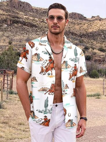 MYMORE Men's 2025 Western Cowboy Shirts Short Sleeve Vintaged Print Rodeo Button Up Shirt Summer Hawaiian Graphic Outfit in Kuwait