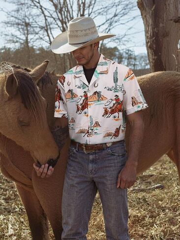 MYMORE Men's 2025 Western Cowboy Shirts Short Sleeve Vintaged Print Rodeo Button Up Shirt Summer Hawaiian Graphic Outfit in Kuwait