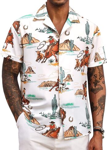 MYMORE Men's 2025 Western Cowboy Shirts Short Sleeve Vintaged Print Rodeo Button Up Shirt Summer Hawaiian Graphic Outfit in Kuwait