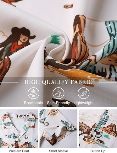 MYMORE Men's 2025 Western Cowboy Shirts Short Sleeve Vintaged Print Rodeo Button Up Shirt Summer Hawaiian Graphic Outfit in Kuwait