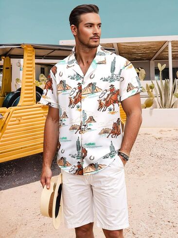MYMORE Men's 2025 Western Cowboy Shirts Short Sleeve Vintaged Print Rodeo Button Up Shirt Summer Hawaiian Graphic Outfit in Kuwait