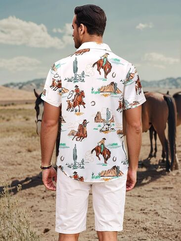 MYMORE Men's 2025 Western Cowboy Shirts Short Sleeve Vintaged Print Rodeo Button Up Shirt Summer Hawaiian Graphic Outfit in Kuwait