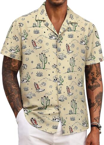 MYMORE Men's 2025 Western Cowboy Shirts Short Sleeve Vintaged Print Rodeo Button Up Shirt Summer Hawaiian Graphic Outfit in Kuwait