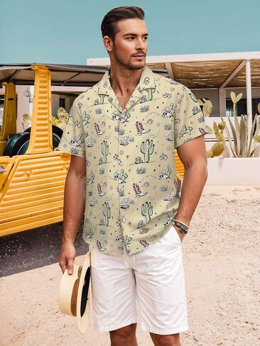 MYMORE Men's 2025 Western Cowboy Shirts Short Sleeve Vintaged Print Rodeo Button Up Shirt Summer Hawaiian Graphic Outfit in Kuwait