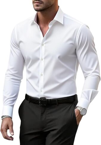 Buxkr Men's Wrinkle Free Slim Fit Dress Dress Tirts الرسمية الزر الطويل لأسفل لأعمال الزفاف in Kuwait