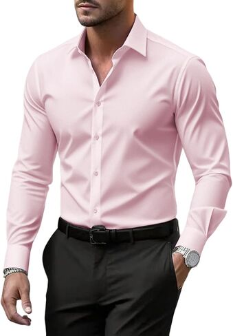 Buxkr Men's Wrinkle Free Slim Fit Dress Dress Tirts الرسمية الزر الطويل لأسفل لأعمال الزفاف in Kuwait
