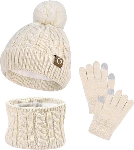 ZOORON Kids Winter Hat Gloves Scarf Set, Girls Boys Hats Beanie with Pom Children Knit Neck Warmer Mittens Fleece Lined Set in Saudi Arabia